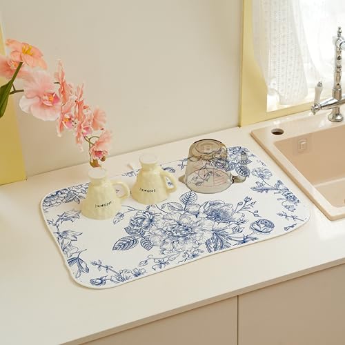 Chinoiserie Floral Dish Drying Mat 18 x 24 inch Vintage Blue Flower Decorative Drying Mats Microfiber Absorbent Dish Washable Draining Mat for Kitchen Counter Decor (18" x 18" / Chinoiserie)