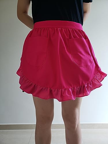 Women’s Waist Aprons with White Pockets Half Server Home Waitress Vintage Servant Apron for Kitchen Cooking (Dark Pink)