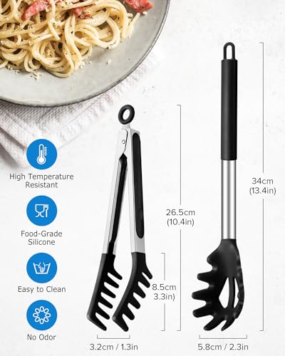 Silicone Spaghetti Spoon and Pasta Tong (Black)