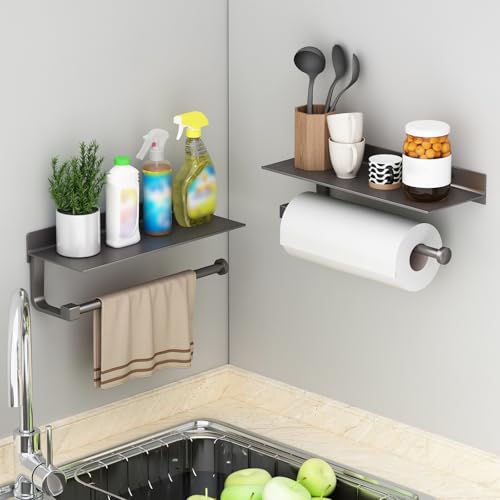 Kitchen Paper Towel Holder with Shelf Wall Mount (Gray)