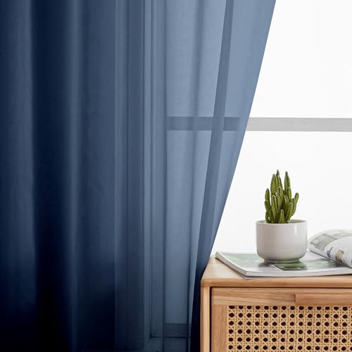 Navy Blue Sheer Curtains 45 inch Length 2 Panels Set for Farmhouse Kitchen Room (40"W x 45"L (Pack of 2) / Navy Blue)