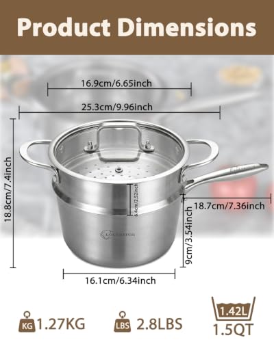 1.5 Quart Stainless Steel Saucepan with Steamer & Glass Lid (Silver)