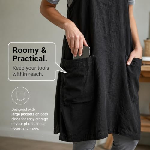 Cross Back Linen Cotton Apron with Pockets (Medium / Black)