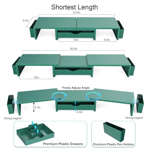 Dual Monitor Stand Riser With Drawer and 2 Pen Holders (Green)