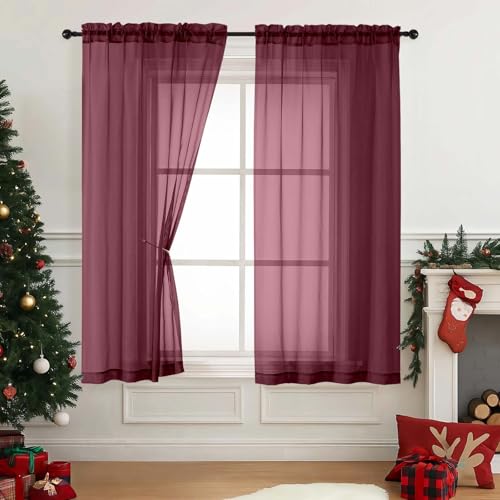 Burgundy Sheer Curtains 63 Inch Length 2 Panels (42"W x 63"L (Pack of 2) / Burgundy)