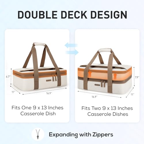 Double Decker Insulated Casserole Carrier for Hot or Cold Food Expandable Thermal Food Carrier for Picnic Cookouts Potluck Parties Fits 9" x 13" Baking Dish (Beige / Double Decker 16.93 x 11.02 x 7.87inch)