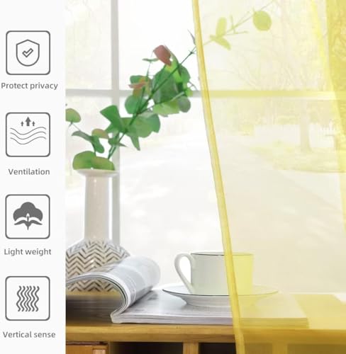 Solid Sheer Rod Pocket Curtain Voile Draperies 4 Panels White Beige Black Grey Ivory 52 Inch Width 63 Inch Long 1 Pair for Kitchen Bedroom Children Living Room Yard (Yellow / 52"W x 63"L (Pack of 4))