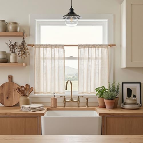 Linen Curtains 30 Inch Length for Kitchen Window (34"W x 30"L (Pack of 2) / Linen)