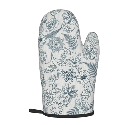 Blue Floral Oven Mitts Set (Vintage Blue White Floral)
