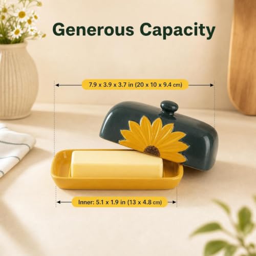 Ceramic Sunflower Covered Butter Dish With Lid Yellow Tray Green Lid Keeper