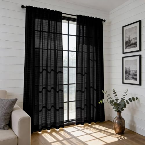 Check Sheer Curtains 45 Inches Long for Living Room (Check - Black / 52"W x 45"L (Pack of 2))