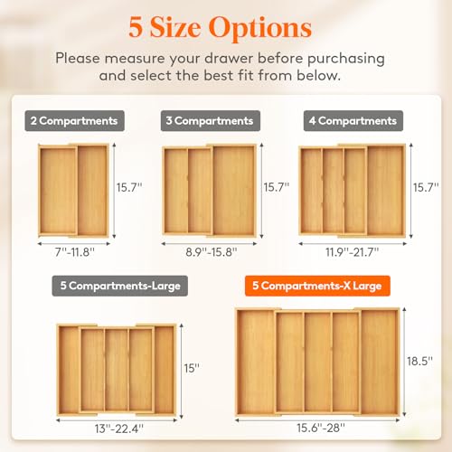 Bamboo Utensil Organizer for Kitchen Drawer (Natural / 15.6~28''W x 18.5'' D)