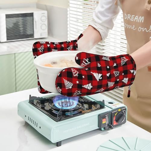 Red Gingham Plaid Christmas Tree Oven Mitts and Pot Holders Set (Red Black White)