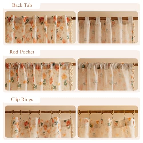 Floral Boho Linen Curtains 63 inch Length 2 Panels Set Spring Vintage Farmhouse Orange Patterned Window Drapes with Tassels Semi Sheer Light Filtering Back Tab for Girls Bedroom (Orange / 50"W x 63"L (Pack of 2))
