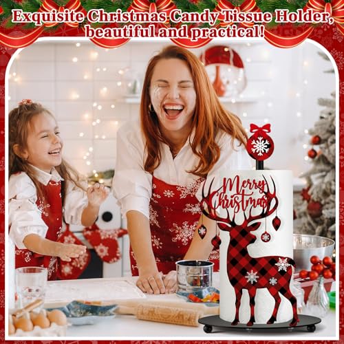 Christmas Paper Towel Holder Reindeer Buffalo Plaid Countertop (Reindeer)