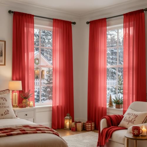 Red Christmas Sheer Curtains 72 Inches Long 4 Panels 42 x 72 Inches (42"W x 72"L (Pack of 4) / Red)