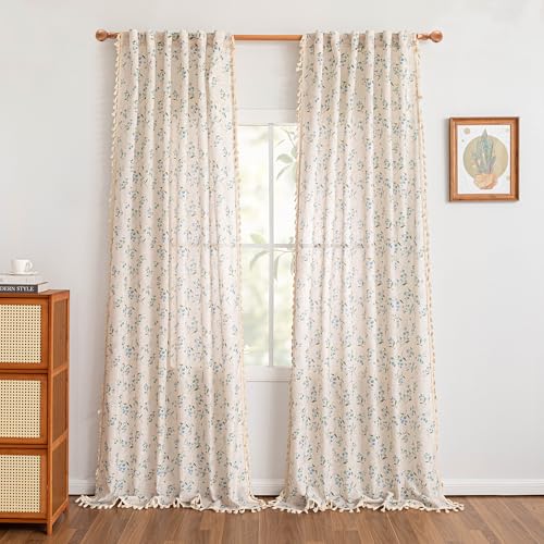 Floral Boho Linen Curtains 96 Inches Length 2 Panels Set Blue Flower Patterned Light Filtering Spring Vintage Farmhouse Window Curtains with Tassel Beige Back Tab Dining Room (Blue / 50"W x 96"L (Pack of 2))
