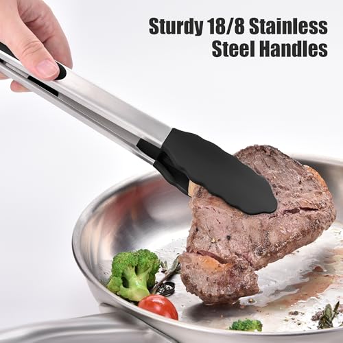 Kitchen Tongs with Silicone Tips for Cooking Serving (Set of 3 (7+9+12in) / Black)