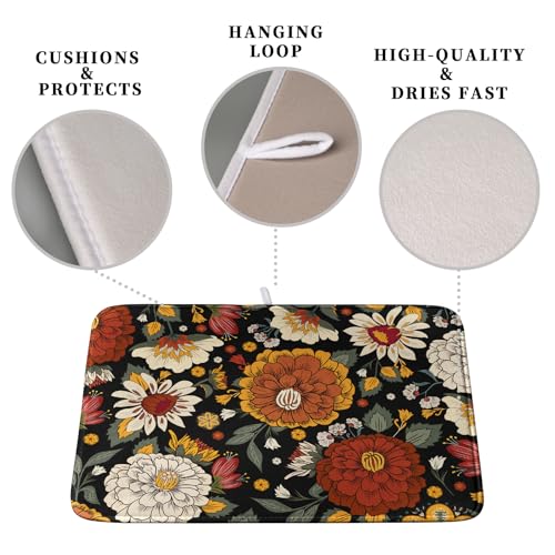 Vintage Floral Dish Drying Mat for Kitchen Counter Retro Sunflower Floral Absorbent Microfiber Dry Dish Mat Reversible Washable Dish Drainer Rack Mat 16x18 Inch (Vintage Sunflower Flora / 16" x 18")