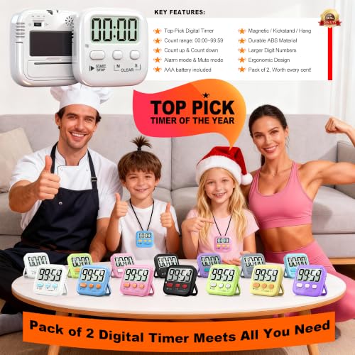 2 Pack Digital Timer for Kids Classroom Kitchen Timers for Cooking (Pure White *2)