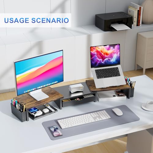 Dual Monitor Stand Riser With Drawer and 2 Pen Holders (Wood)