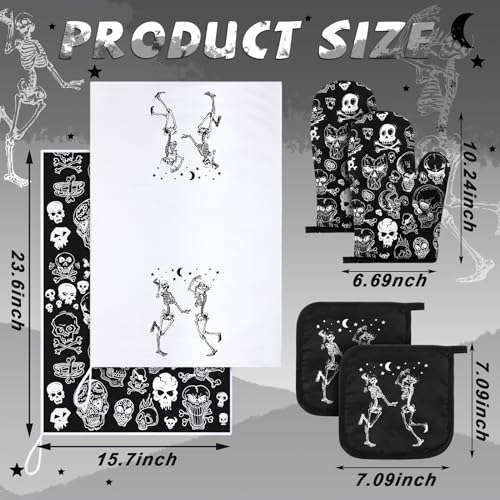 6 Pcs Skull Kitchen Decor Set Kitchen Towels Oven Mitt Pot Holder (Classic Color / Skull)