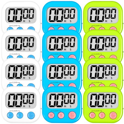 Digital Kitchen Classroom Timers for Kids Cooking 12pcs Wht Blu Grn (White & Blue & Green)