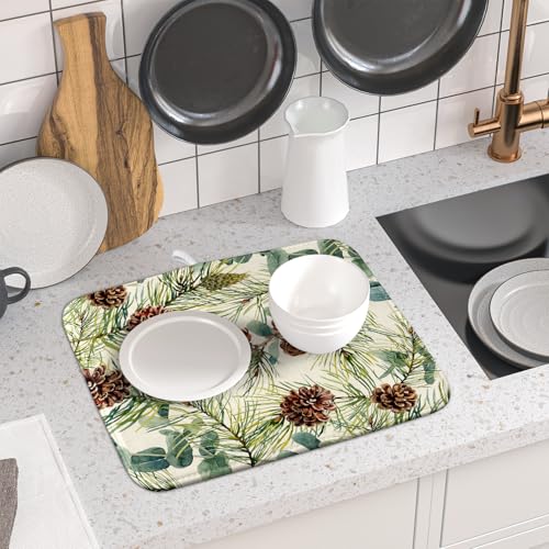 Winter Dish Drying Mat for Kitchen Counter 16x18 Christmas Evergreen Leaves Pinecone Holiday Theme Absorbent Reversible Microfiber Drying Mats Kitchen Countertop Protector Dishes Drainer Pad (16" x 18")