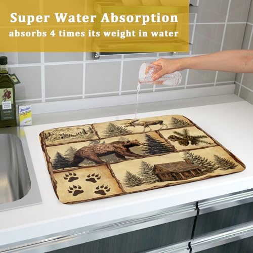 Vintage Bear Moose Dish Drying Mat 18x24 Inch Country Cabin Absorbent Dish Draining Mat Heat Resistant Drying Pad for Counter Sink Home (Vintage Bear Moose / 18" x 24")