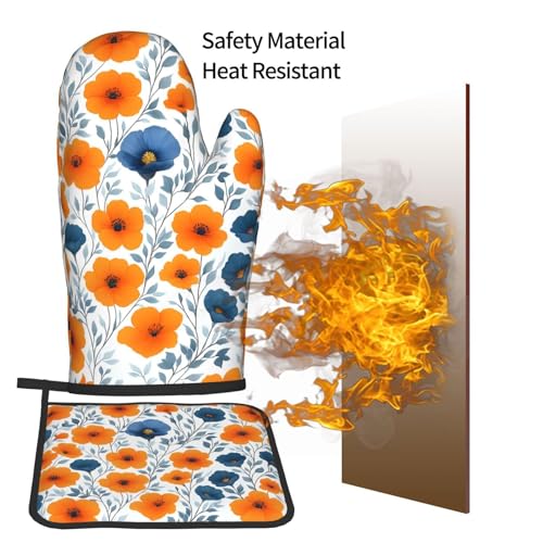 Spring Orange Blue Floral Oven Mitts and Pot Holders Sets of 3 (Orange and Blue Floral)