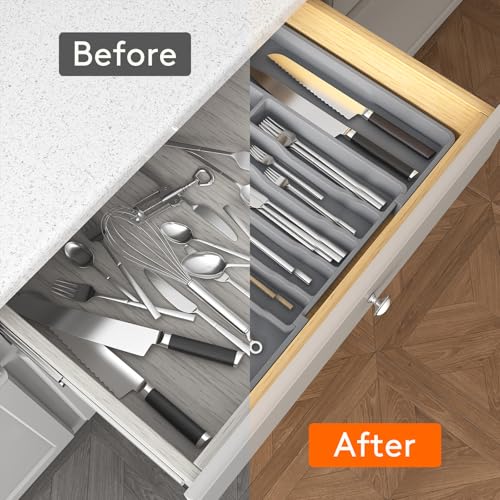 Extra Large Silverware Drawer Organizer (Gray / XL Deep (13-22''W x 16.7''D))