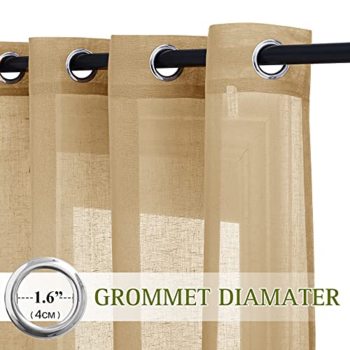 Sheer Linen Curtains Flax Texture 90 inch Long (52"W x 90"L (Pack of 2) / Camel)