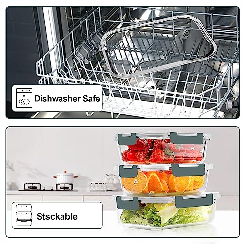 10 PACK Glass Meal Prep Containers Set with Lids (Grey)