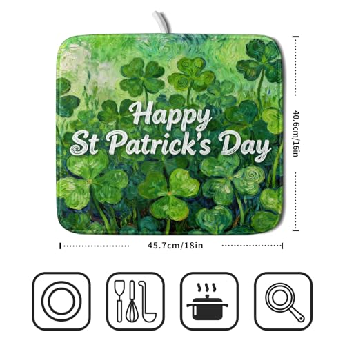 St Patricks Day Lucky Clover Dish Drying Mat for Kitchen Counter 16x18 Green Shamrock Happy Holiday Theme Absorbent Reversible Microfiber Drying Mats Kitchen Countertop Protector Dishes Drainer Pad (16" x 18")