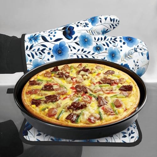 Blue Floral Oven Mitts and Pot Holders Sets of 3 (Blue-floral)