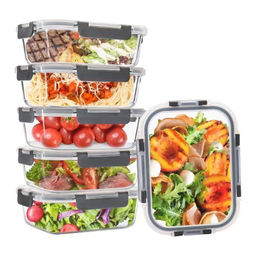 6 Pack 34oz Glass Meal Prep Containers with Lids (34oz - Grey)