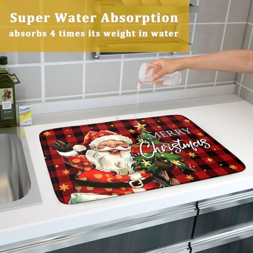 Merry Christmas Santa Claus Red Buffalo Plaid Dish Drying Mat for Kitchen Counter (18" x 24")