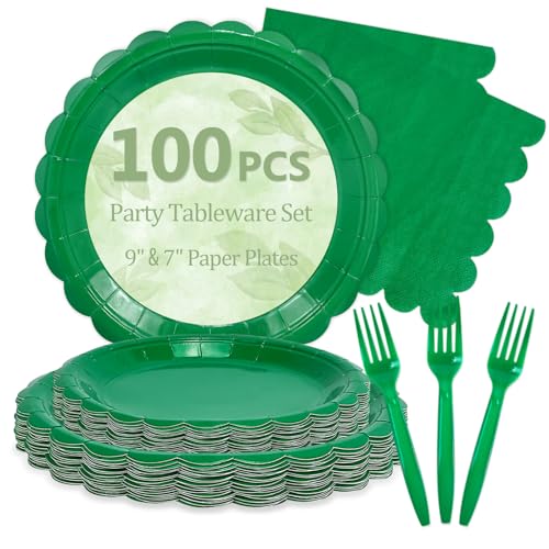 100 Pcs Green Plastic Plates (Green 100 Plate Set / 7 & 9-inch Set)