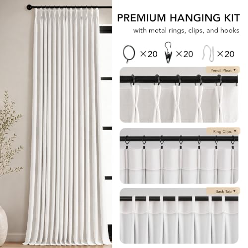 Pinch Pleated 100% Blackout Linen Curtains for Bedroom 108 Inch (White/Linen 100% Blackout / 40"W x 108"L (Pack of 2))