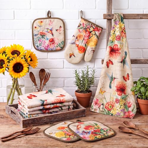 12 Pcs Summer Hummingbird Kitchen Accessories Set (Retro Flowers)