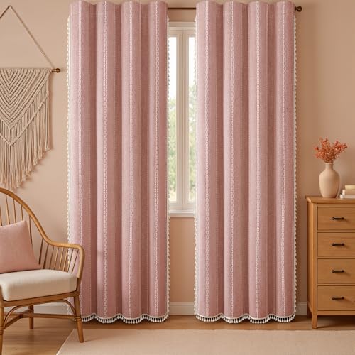 Coral 100% Boho Blackout Curtains 84 Inch 2 Panels with Tassels (Coral / 52"W x 84"L (Pack of 2))