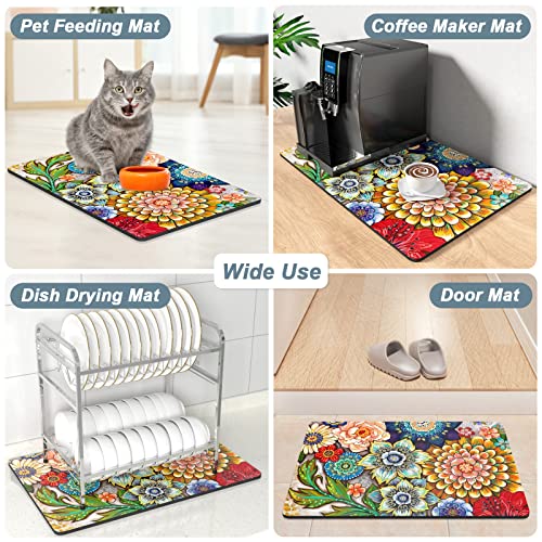 Coffee Mat 12" x 19" Cute Flower Theme Coffee Bar Mats for Espresso Machine Station Accessories and Organizer (Colorful Mandala / 12" x 19")