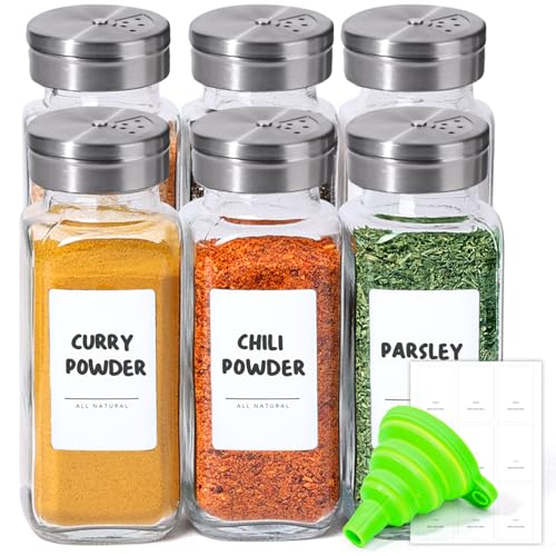 Glass Spice Jars with Shaker Lids 8 oz 6 Pack Square (8 fl oz x 6 - Shaker Lids)