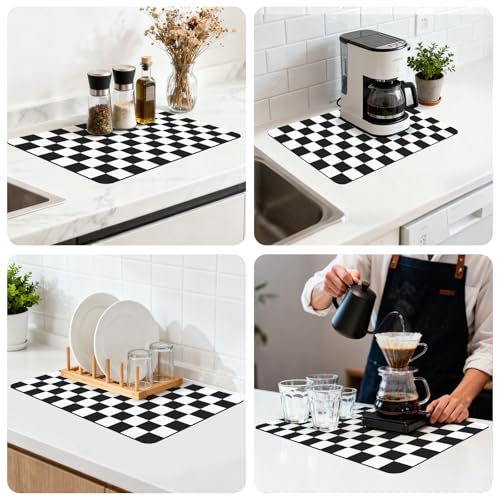 Checkered Dish Mat for Kitchen Coffee Station (Black / 16" x 24")