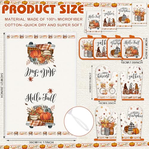 12 Pcs Fall Pumpkin Kitchen Towels Oven Mitts Pot Holders Set (Fall Pumpkin)