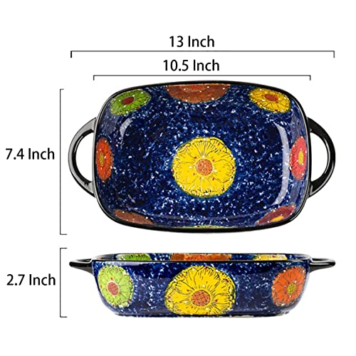Vintage Style Pottery Bakeware Colorful Daisy Pattern Ceramic Casserole Dish Baking Pan Lasagna Pans Baking Dish with Handles from Oven to Table Plate (ColorfulDaisy / 60 OZ)