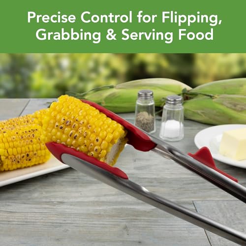 Tongs With Silicone Tips Easy Grip 13” Long Kitchen Tongs Stainless Steel Handle For Cooking (Cayenne)