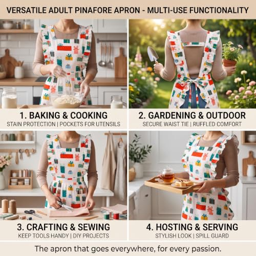 Women Cotton Apron Ruffle Adjustable Strap with Pocket (Gift Box)
