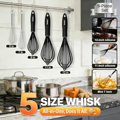 Kitchen Whisk Set of 5 (5+7 & 9+11+12 inch / 5 Pcs Black & Silver)