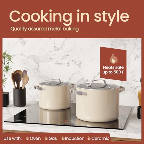 Bakken 8.5 Quart Ceramic Coated Stock Pot with Lid (Cream / 8.5 Quarts)